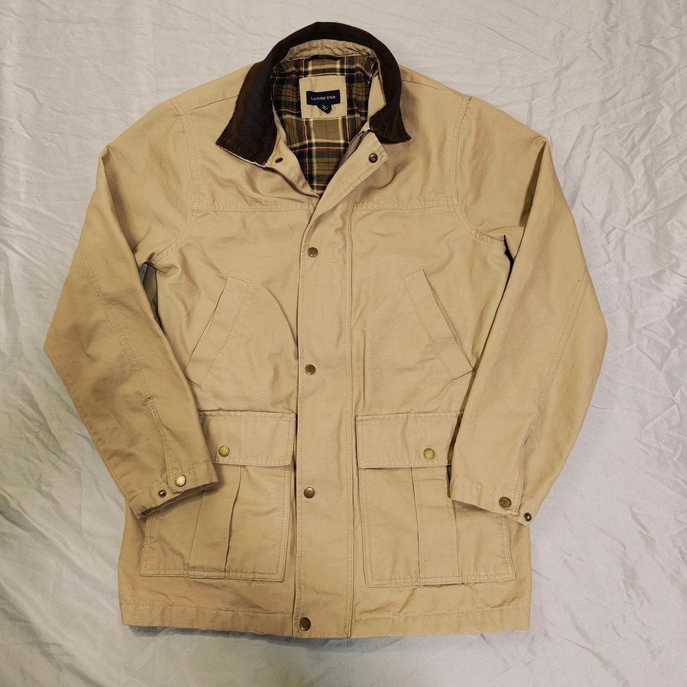 90s Vintage Lands End Men M Khaki Canvas Field Coat Corduroy Barn Hunting Jacket